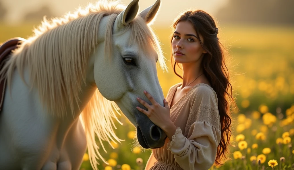Beautiful young gypsy Romani woman of 2, Sculptural body, brunette in traditional clothes, by the wide, abundant black , Perfect face, Beautiful eyes, in a very beautiful meadow with spring flowers, with perfect lighting, golden hour of the evening, Very detailed, acariciando un Awesome corcel blanco de largas crines, beautiful image, balanced, Awesome, realistic photo, 8k, cinematic image