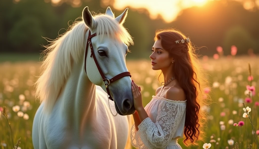Beautiful young gypsy Romani woman of 2, Sculptural body, brunette in traditional clothes, by the wide, abundant black , Perfect face, Beautiful eyes, in a very beautiful meadow with spring flowers, with perfect lighting, golden hour of the evening, Very detailed, acariciando un Awesome corcel blanco de largas crines, beautiful image, balanced, Awesome, realistic photo, 8k, cinematic image