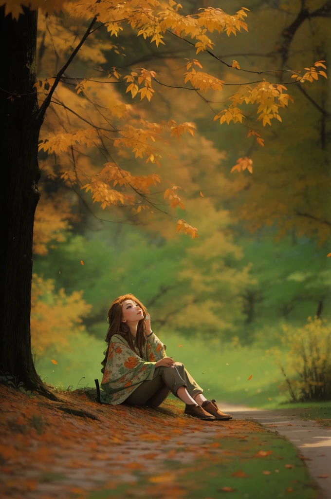 still summer green forest background,Araped woman sitting on a park bench with leaves on the ground, in the butn, beautiful butn spirit, Irakli Nadar(Irakli Nadar), sit under the tree, sitting in the forest, butn season, in butn, during butn, In the fall, sympathetic ), sitting in a colorful forest, golden butn, in the butn forest, but, beautiful photos
