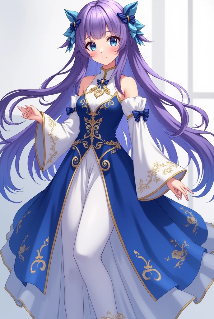 Genshin Impact Princess Outfit Idea for a Full Length Girl, anime, Long purple hair with bangs and dull blue eyes, blue and white clothing with gold idea clothing gemshing impact detailed sleeves showing shoulder full body anime