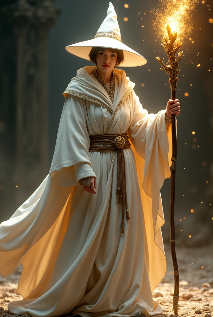 30 year old white wizard, short brown hair, eyes covered by the brim of the pointed white hat, holding a magic staff, white medieval style robes, dark background with golden light and golden particles around the wizard