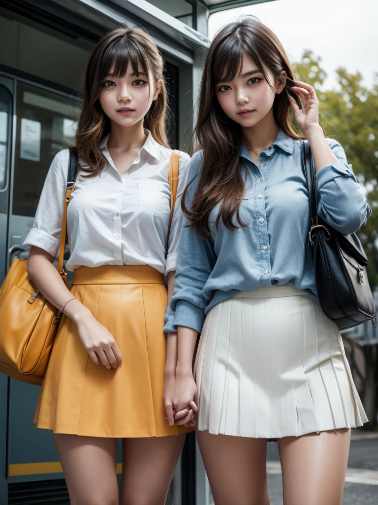 ultra realism high detail and clarity,2 cute and beautiful schoolgirls are going to catch the last bus,lovers,citrus style