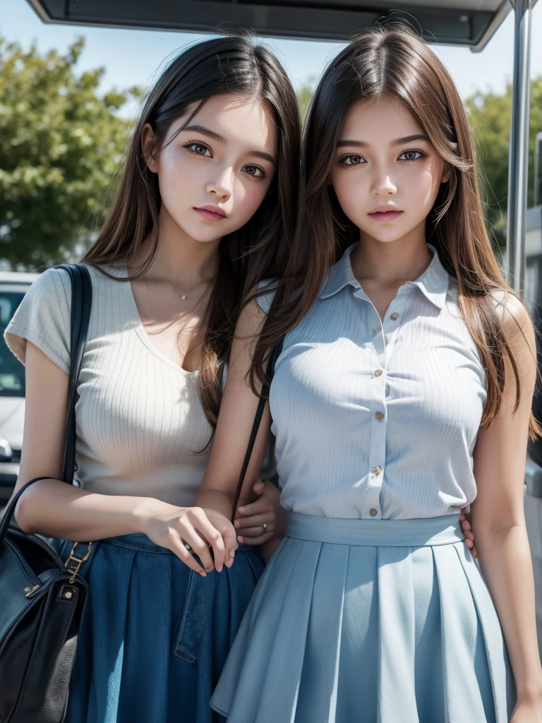 ultra realism high detail and clarity,2 cute and beautiful schoolgirls are going to catch the last bus,lovers,citrus style