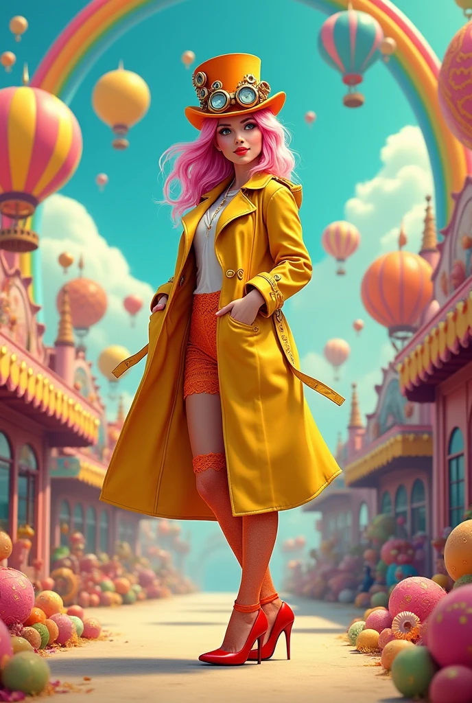 An imaginative steampunk scene with a female character in vibrant and whimsical attire. She is wearing a bright yellow leather trench coat, orange lace stockings, and red high heels. Her hair is styled in soft waves with a pink tint, and she wears a quirky top hat with steampunk gears and goggles. The background is a dreamlike carnival setting with colorful hot air balloons, rainbow arches, gears, candy elements, and playful steampunk flying machines. The atmosphere is cheerful and surreal, blending Victorian steampunk aesthetics with a pop-art twist. The color palette is bright and saturated with shades of yellow, pink, orange, and blue, creating a fun, whimsical, and lively steampunk world