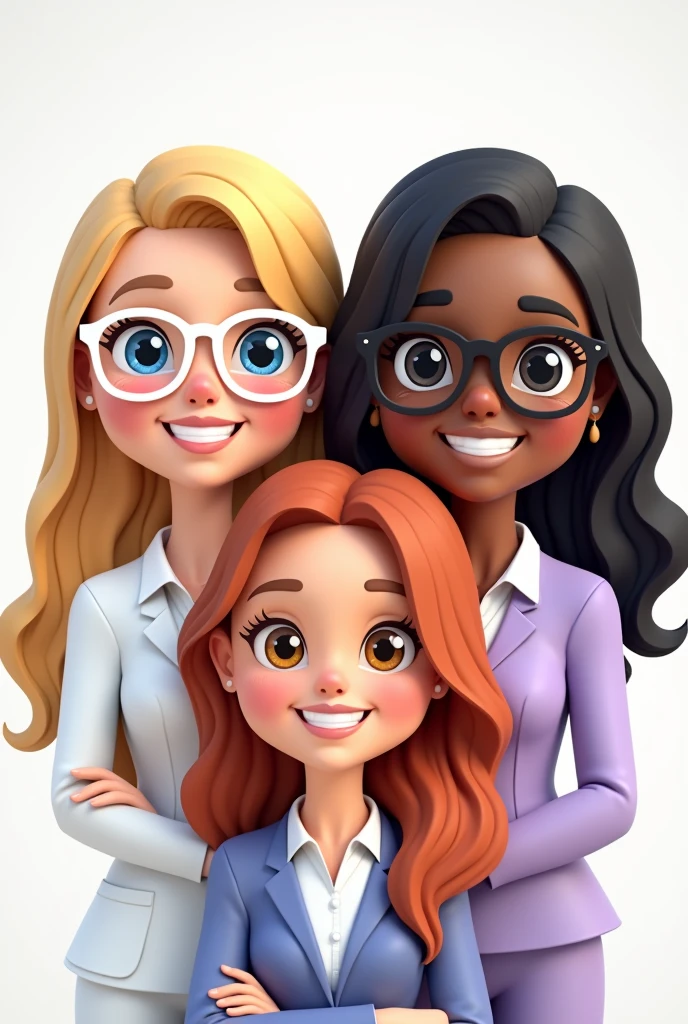 create three cheerful teacher avatar dolls together bitmoji style. A blonde, blue-eyed teacher with long hair, of blond and straight color, she wears white-framed glasses.  A white teacher has black hair, Medium & Smooth, wears glasses and has black eyes. A very white teacher, shoulder length reddish brown wavy hair Brown eyes and very sweet and gentle, lilac clothing 