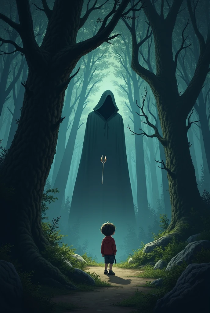 A young boy, Thomas, with bright, innocent eyes, playing near the edge of a dense, dark forest. The trees are towering, their branches twisted and foreboding, casting long shadows that seem to reach out for him. In the background, hidden within the shadows of the trees, a dark, hooded figure with a gleaming scythe watches silently. The contrast between the boy’s innocence and the lurking danger creates a sense of unease.