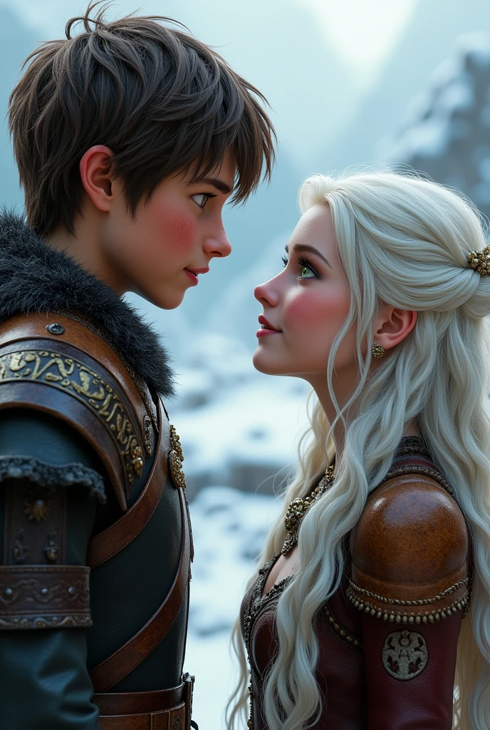 Hiccup Haddock realistic style, facing a beautiful girl with long platinum hair wearing winter Viking clothing. ultra realistic.