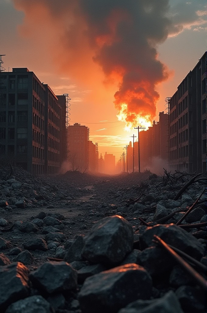 A haunting scene of Hiroshima immediately after the bomb's detonation, with devastated buildings, burning rubble, and a charred landscape.
