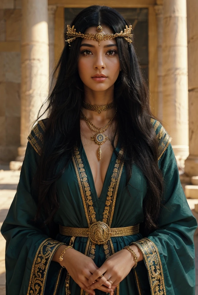 Beautyful black hair priestress in athena’s temple praying