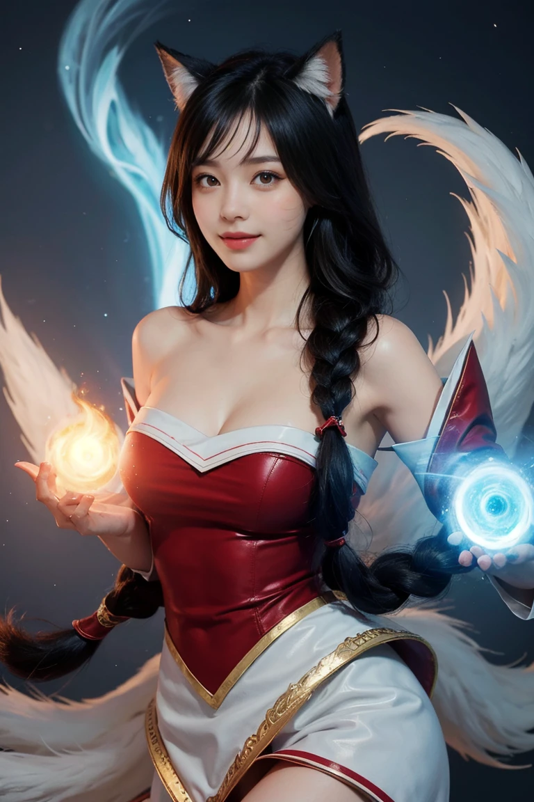 masterpiece, best quality, IncrsAhri, braid, fox tail, multiple tails, korean clothes, skirt, (EnergyVeins:1.4), glowing, energy, energy ball, stance, evil smile,