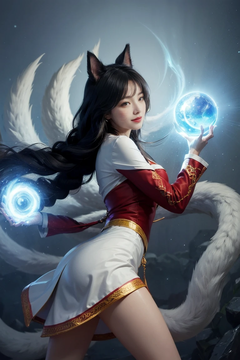 masterpiece, best quality, IncrsAhri, braid, fox tail, multiple tails, korean clothes, skirt, (EnergyVeins:1.4), glowing, energy, energy ball, stance, evil smile,