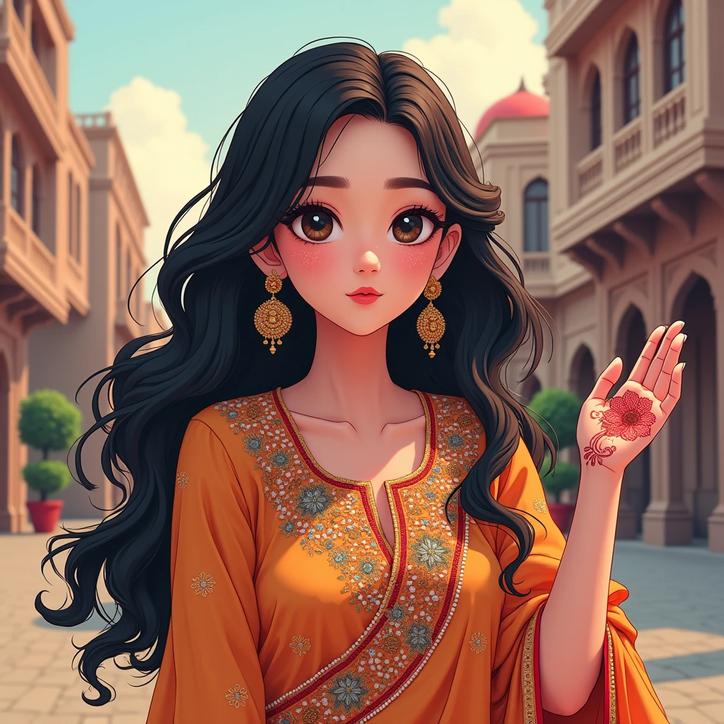 Create a shizuka minamoto is cartoon character photo make her as a Pakistani beauty influencer 