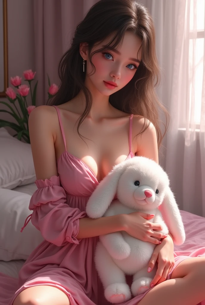 Make a girl with a , thin and small waist, Wide hips, by rubio, blue eyes. big breasts, with open and pink clothes, sitting on a bed hugging a white rabbit stuffed animal