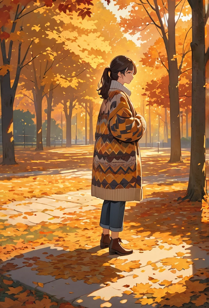 The image shows a person wearing a patterned sweater, standing outdoors in what appears to be a park or wooded area. The setting sun casts a warm, golden light, creating long shadows on the ground covered with fallen leaves. The person is holding a coat or jacket against their body with one arm while the other arm is crossed, holding the sweater. The surrounding trees contribute to a peaceful and serene autumn atmosphere.