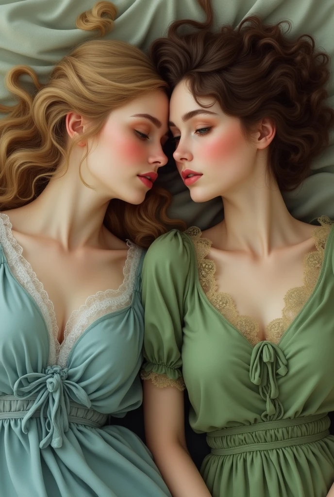 two 20 year old girls from the 1900s, a blonde with wavy brown eyes dressed in blue and a blonde with curly brown hair and green eyes dressed in green, both white on their backs and lying on each other&#39;s shoulders