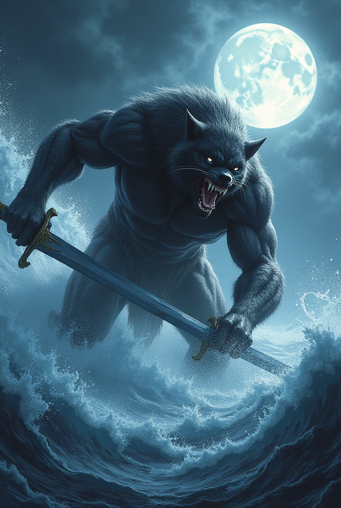 Sword in mouth　Wolf　Slashing the Waves　moonlight