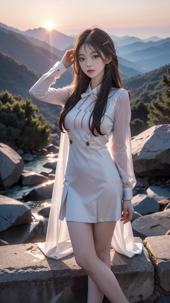 ulzzang-6500-v1.1, (RAW photo: 1.2), (Real photo), (Real photo: 1.4), 1 girl、Perfect anatomy、1、Looking at the camera、Medium length hair、Uniform sexy dress, watching the sunset, ((in the mountains: 1.1))、(Business service)、Asian eyes Ella,