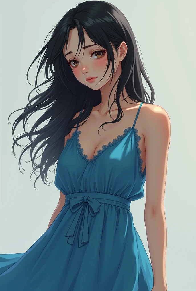 A beautiful young woman, very beautiful with a realistic detailed face, standing, she has a sad look on her face, she is wearing a blue dress, anime style, realistic wide portrait 