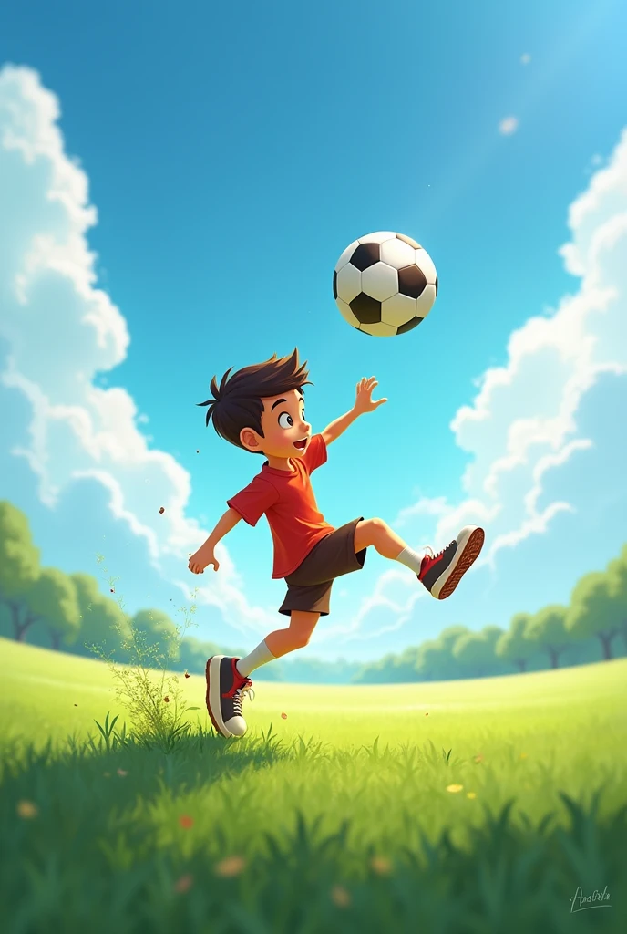 A boy kicking a soccer ball on a soccer field with a lot of sky space