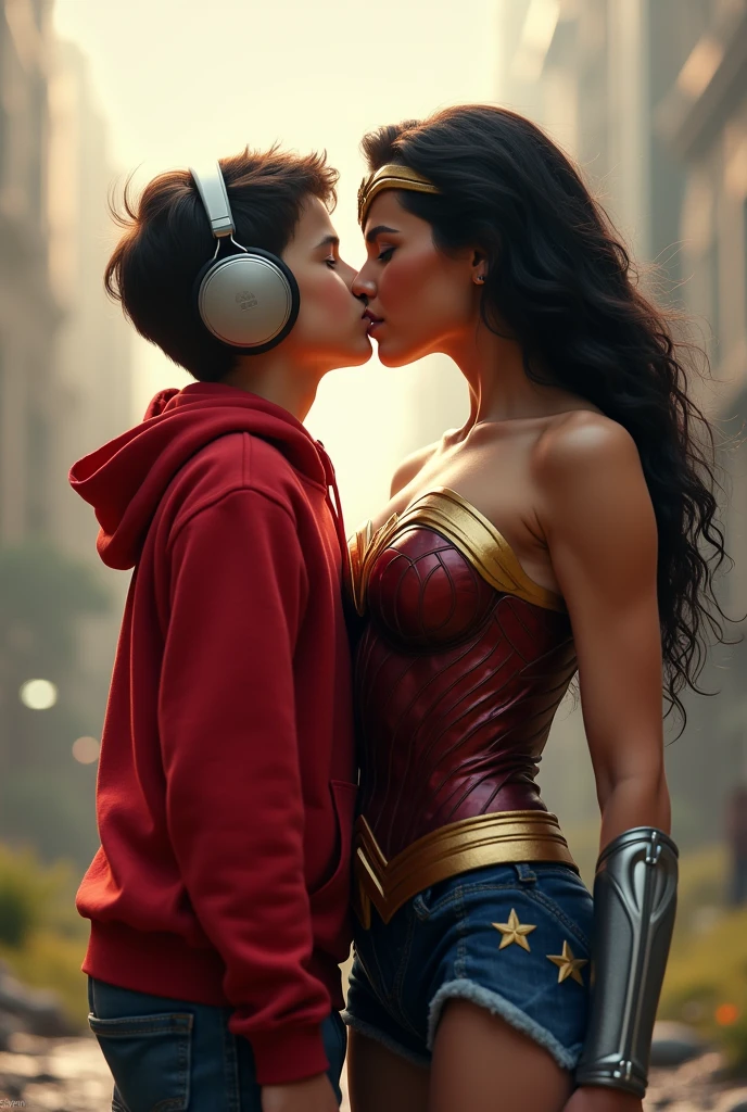 Young boy with red hoodie, headphones and tennis Vs. Wonder woman (Big tits), power, fiction, full body, 2 person, Romance, Embrace, kiss on the mouth