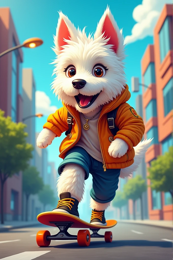 C4tt4stic, Cartoon West Highland White Terrier West Highland White Terrier fox with Jacket and Skateboard