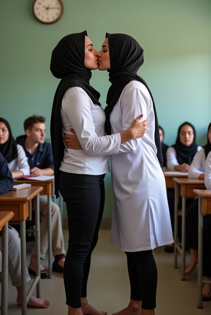 Black headscarf in class, barefoot in white uniform, Sexy skinny female teacher kissing her male students.