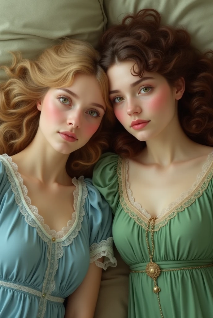 two 20 year old girls from the 1900s, a blonde with wavy brown eyes dressed in blue and a blonde with curly brown hair and green eyes dressed in green, both white on their backs and lying on each other's shoulders