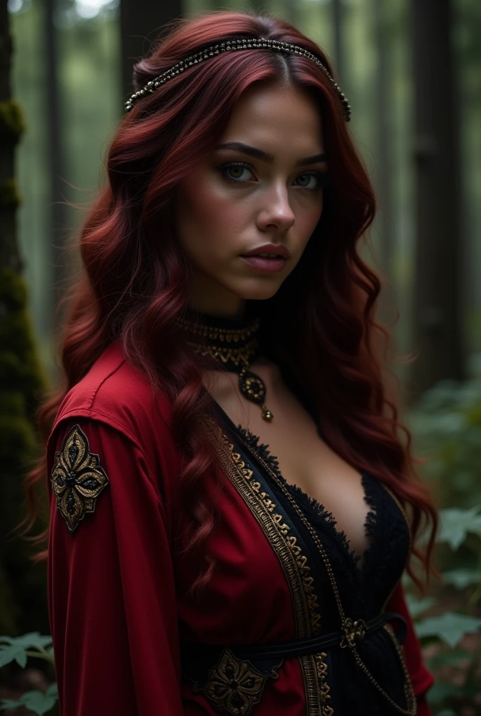 a girl from the waist up with dark skin with long wavy cherry-colored hair wearing a red outfit with black and gold details looking straight ahead with a dark enchanted forest background