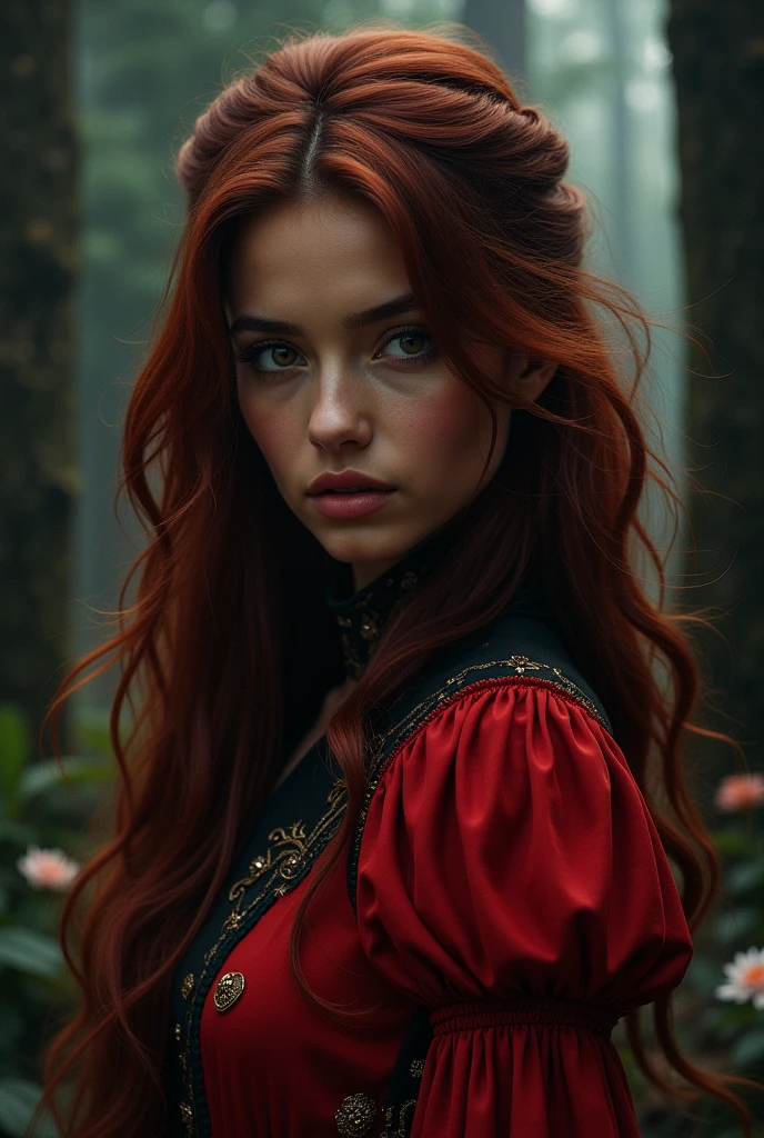 a girl from the waist up with dark skin with long wavy cherry-colored hair wearing a red outfit with black and gold details looking straight ahead with a dark enchanted forest background