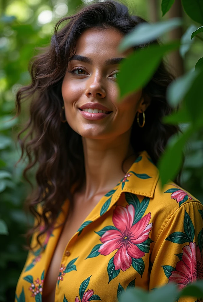 A Brazilian woman in a lush tropical garden, wearing an open shirt with a floral print, with a close-up capturing the harmonious beauty between her breasts and the natural flowers, showing off your natural charm and outgoing personality.