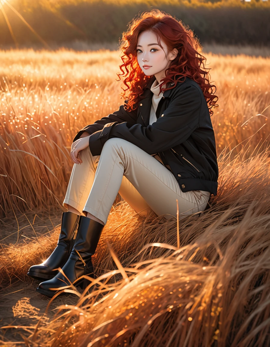 The image shows a person with long, curly red hair sitting in a field of tall, dry grass. The person is dressed in a dark jacket, light-colored pants, and black boots. The scene is illuminated by warm, golden sunlight, suggesting that it is either early morning or late afternoon. The overall atmosphere of the photo is peaceful and serene.