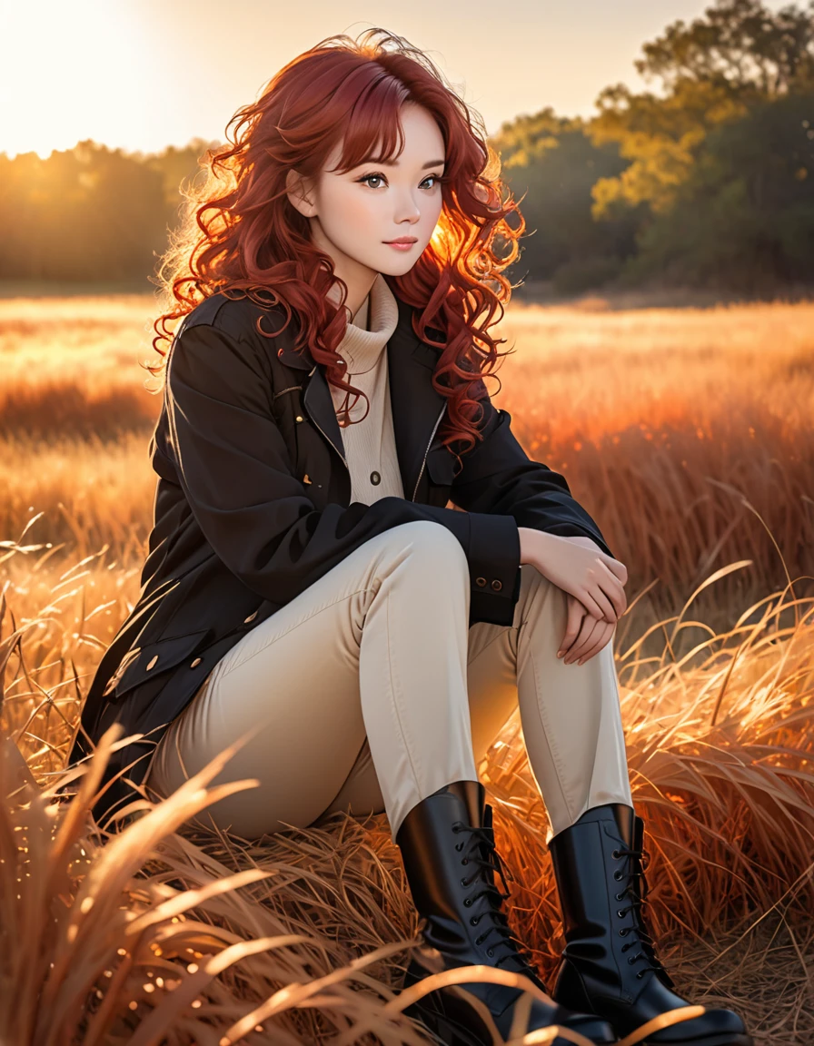 The image shows a person with long, curly red hair sitting in a field of tall, dry grass. The person is dressed in a dark jacket, light-colored pants, and black boots. The scene is illuminated by warm, golden sunlight, suggesting that it is either early morning or late afternoon. The overall atmosphere of the photo is peaceful and serene.
