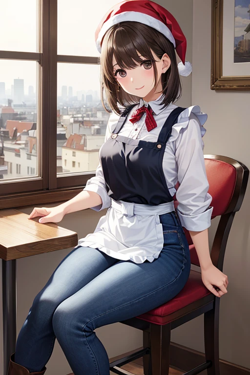 anegasaki nene、Shiny brown hair, short hair, (Beautiful brown eyes、Sparkling eyes, Fine grain)、smile、Ultra-detailed eyes、Very detailed顔, Very detailed目,

(One girl, alone, alone),, Very detailed, Soft indirect lighting, 4K, Perfect Eyes,Perfect lighting, 


At a cafe decorated for Christmas, There are some tables and chairs, A counter and a large window overlooking the city. 、wearing a red blouse, jeans, boots, Black Apron, Bracelets and Christmas hats. 