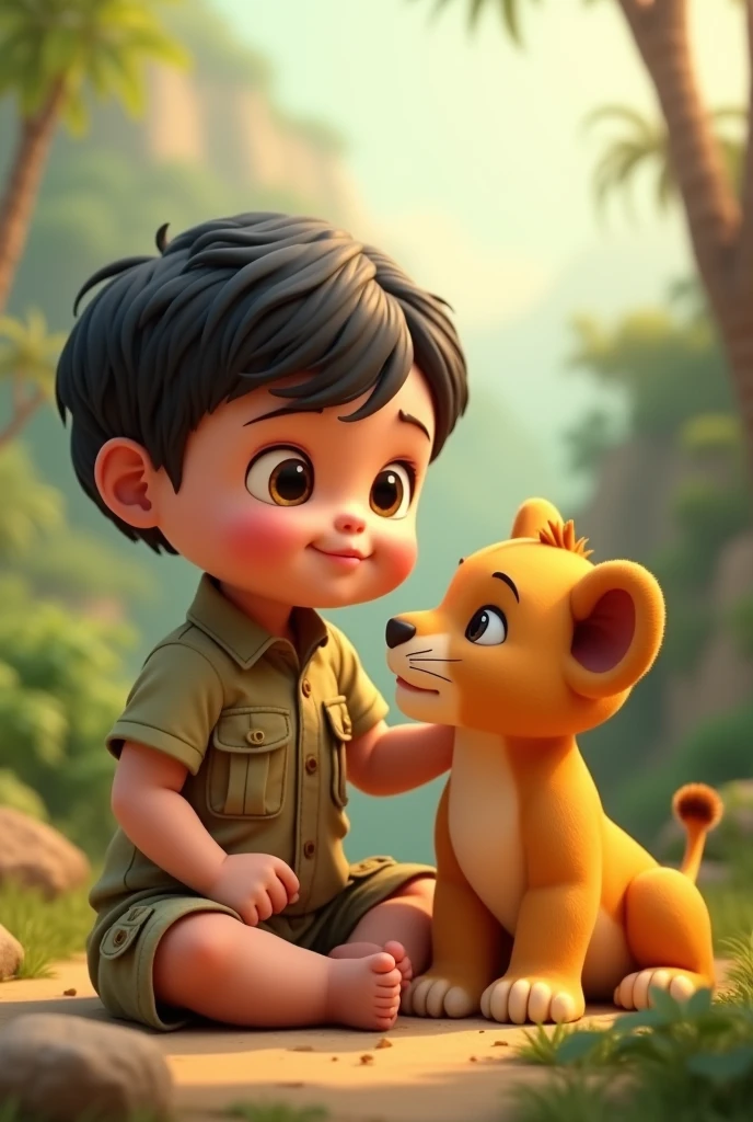 8  in safari outfit black wavy cropped hair dark round eyes plump closed mouth sitting on a lion baby Pixar 3d