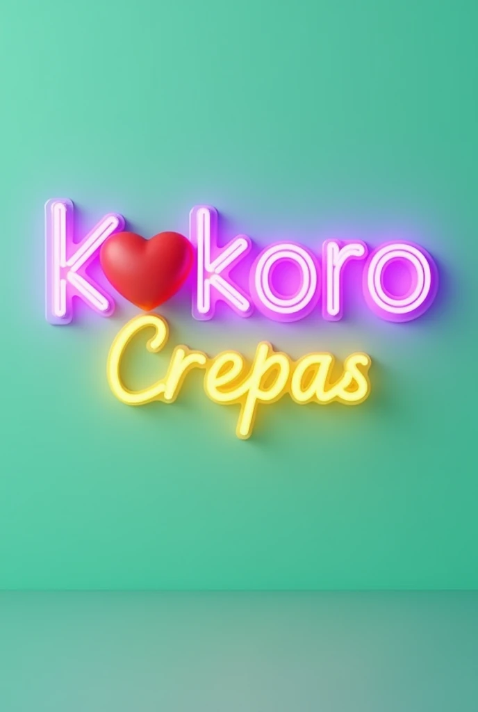 Neon style sign with the name (KOKORO CREPAS), (the word KOKORO in purple and the first letter "O" is replaced by a red heart), (the word CREPAS in yellow with a cursive font style and located below the word KOKORO), with a 2D anime style, on a completely light green and flat background