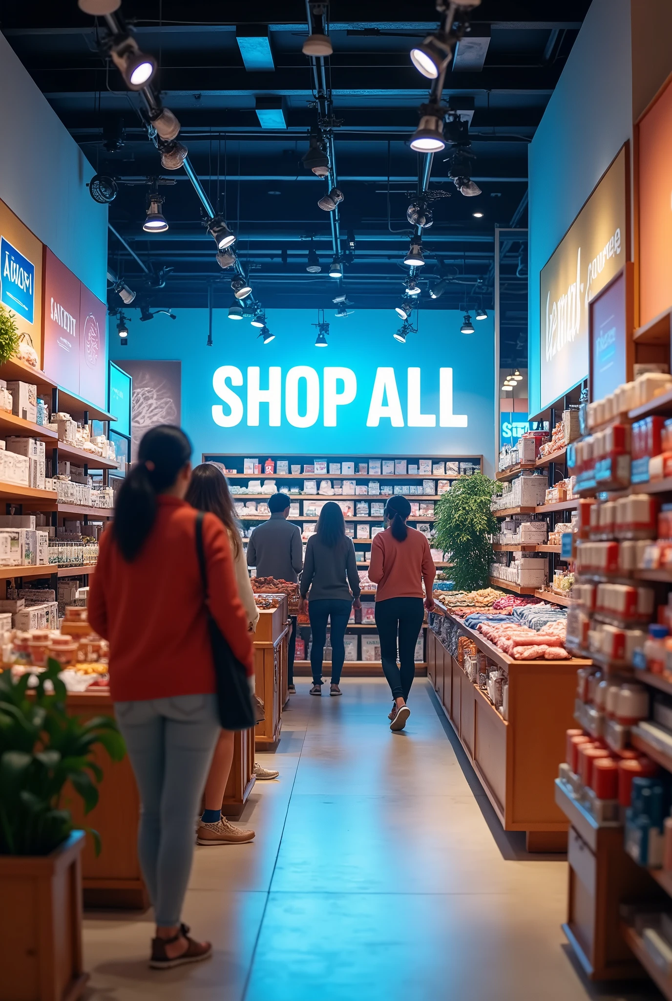 "SHOP ALL" should be prominently displayed in the image, and there should be essential items visible, giving the impression that people have come to shop.