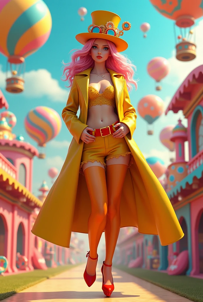 An imaginative steampunk scene with a female character in vibrant and whimsical attire. She is wearing a bright yellow leather trench coat, yellow low neckline, orange lace stockings, and red high heels. Her hair is styled in soft waves with a pink tint, and she wears a quirky top hat with steampunk gears and goggles. The background is a dreamlike carnival setting with colorful hot air balloons, rainbow arches, gears, candy elements, and playful steampunk flying machines. The atmosphere is cheerful and surreal, blending Victorian steampunk aesthetics with a pop-art twist. The color palette is bright and saturated with shades of yellow, pink, orange, and blue, creating a fun, whimsical, and lively steampunk world