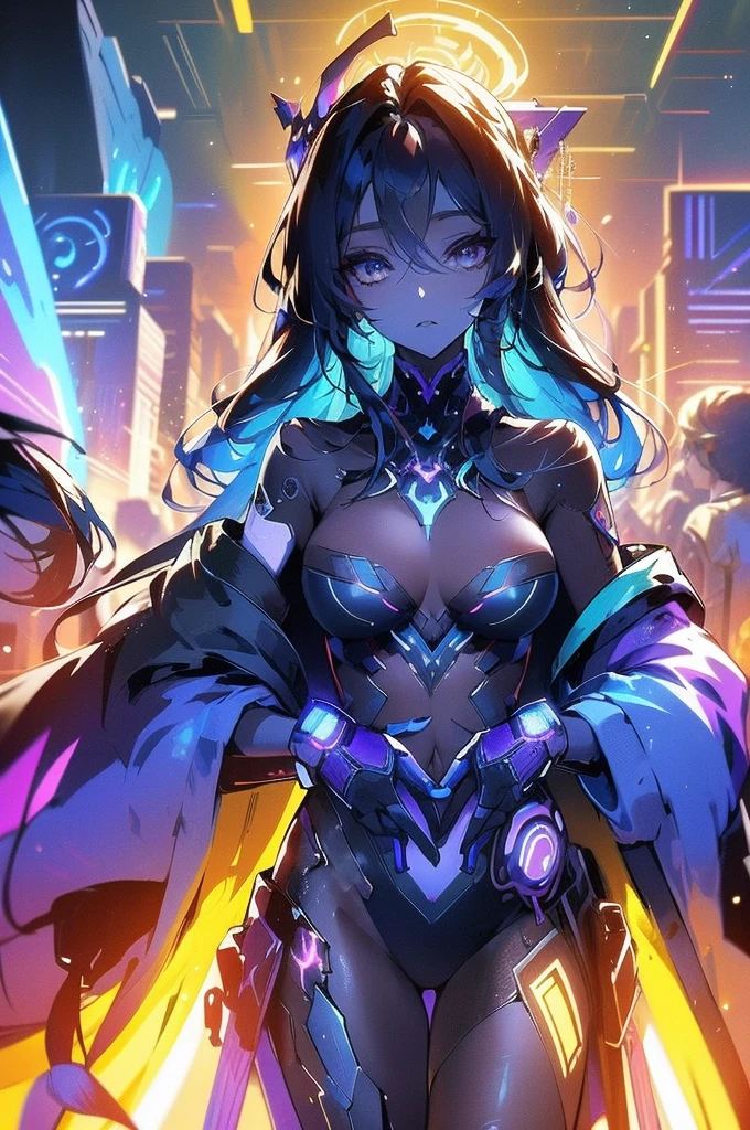 In a dazzlingly futuristic solar cybercrime scene, a chrome-clad hacker with glowing neon circuitry seamlessly blends into the blindingly reflective backdrop of a bustling metropolis bathed in golden sunlight. This scene is depicted in a hyper-realistic digital painting, where every pixel is meticulously crafted to enhance the surreal ambiance. The hacker's sleek, metallic suit shimmers with rainbow hues, mirroring the vibrancy of the cityscape behind them. Their eyes, a mesmerizing swirl of electric blue and purple, convey a sense of intense focus and determination. This captivating image is a masterful fusion of high fashion and sci-fi, inviting viewers to ponder the sinister beauty of technology's dark underbelly.