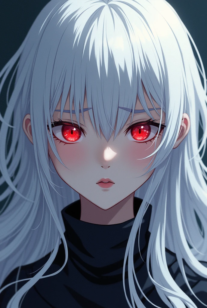 white haired asian, is 40 to 30 years old, tem um corte de cabelo jellyfish, she has red eyes and i want the anime style