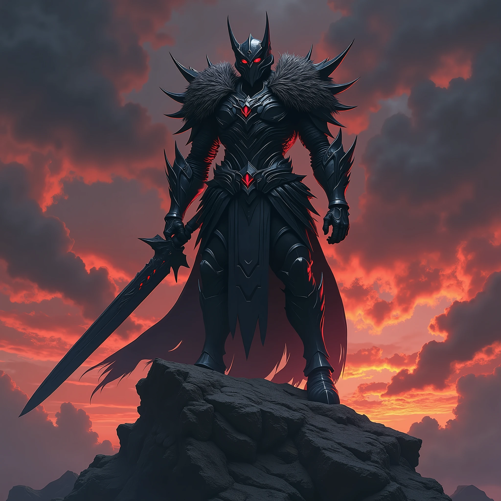 Guts (Berserk), Digital painting featuring a dark, fantasy-themed scene with anatomically correct human Guts berserk proportions, inspired by the style of Kentaro Miura, with a Seinen manga aesthetic. The layout is vertical, with the central subject being a humanoid figure in highly detailed, elaborate, dark armor, perched on a jagged rock formation. The figure has a wolf-like helmet with glowing red eyes and is holding a large, menacing sword over its shoulder. The armor is intricately detailed with sharp, angular designs and a fur-like texture around the shoulders and waist, showcasing a high level of realism. The background is a dramatic, stormy sky with hues of red, purple, and orange, suggesting a sunset or sunrise. The image is rendered in high-quality 4K resolution, with a focus on super detail and realistic textures. "Artvision1999", anatomically correct, super detail, high quality, 4K
