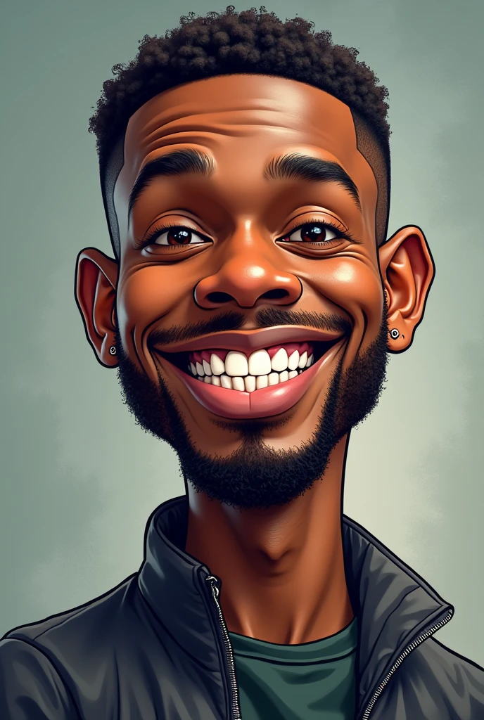 Caricature of a man, approximately 30 years old, dark-skinned, shorth hair, goatee, American Football Podcast Producer