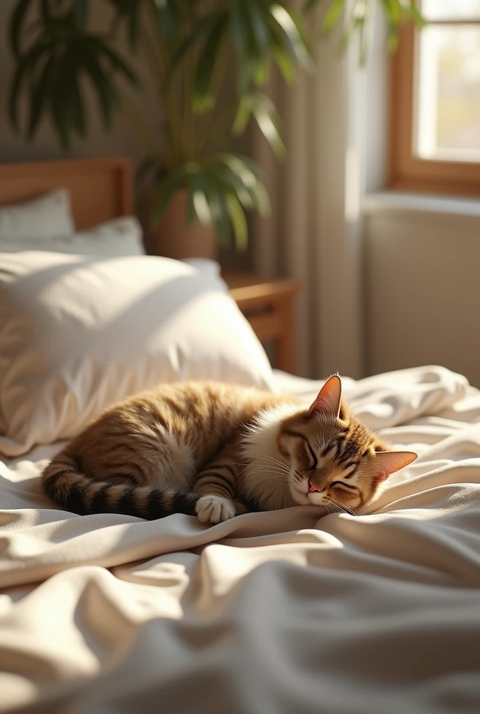 best quality,masterpiece,8k,photorealistic,ultra high res,extremely detailed,finely detail,ultra realistic,professional lighting,best shadow,Cat sleeping in bed house