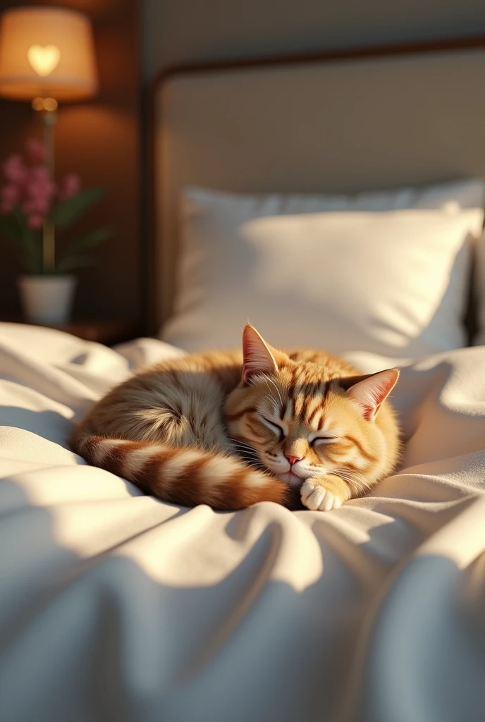 best quality,masterpiece,8k,photorealistic,ultra high res,extremely detailed,finely detail,ultra realistic,professional lighting,best shadow,Cat sleeping in bed house