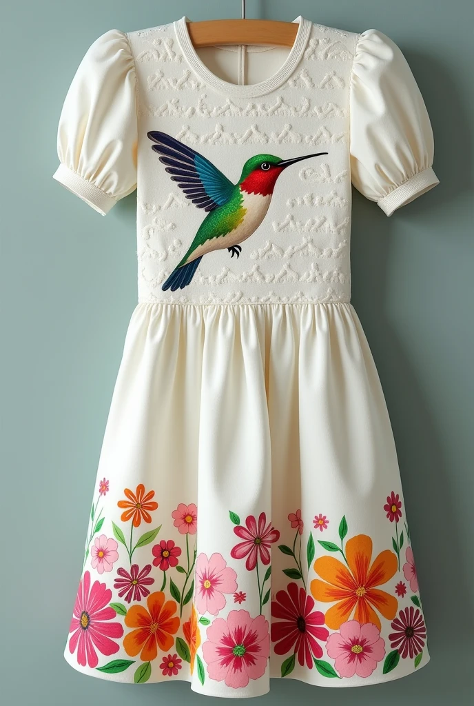Help me create a large fabric dress with a raised pattern and a colorful hummingbird drawn in the center., and flowers around the bottom that are pretty and that you can see that they are made with paints for a girl. That it is different fashion that the fabric is white and that the flowers look good that there are fewer flowers that there are fewer flowers and larger ones