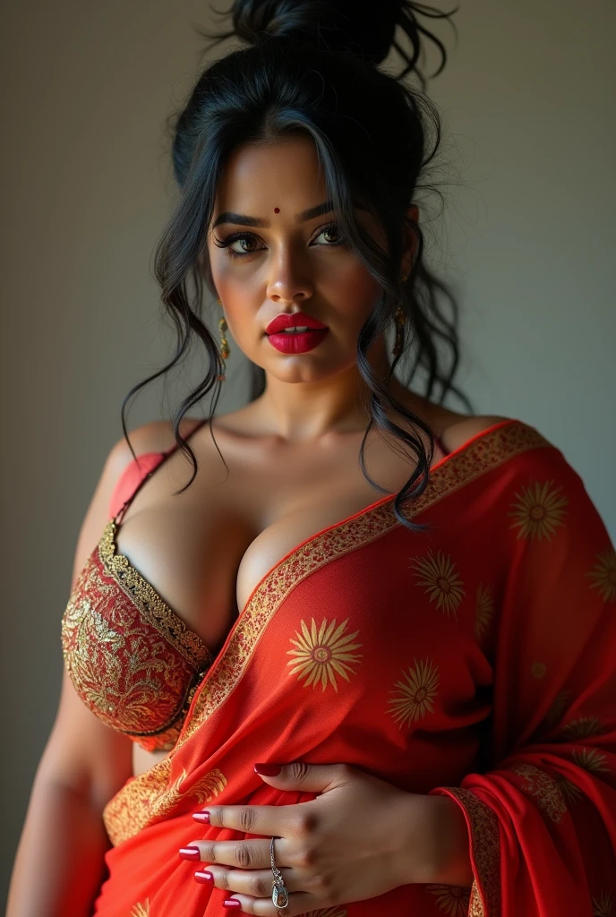 wolf cut hairstyle erotic hindu wife super big fake lips red lipstick super delicious body saree bra chubby body 