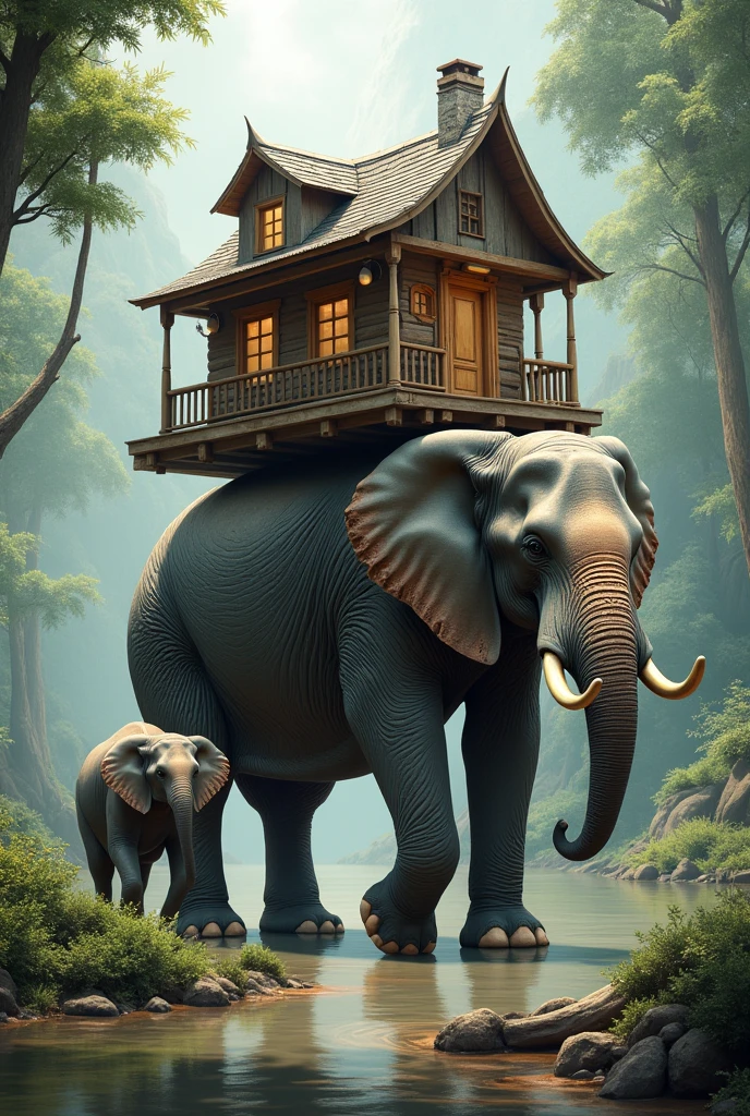 An elephant and her calf carrying a house on her back