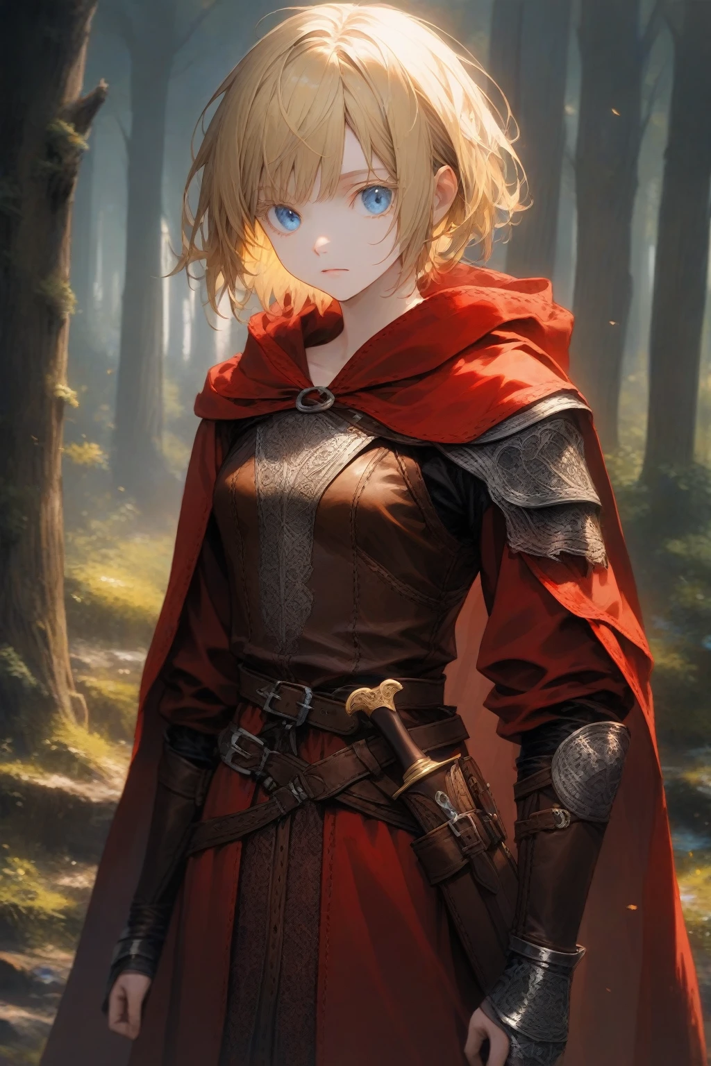 masterpiece, best quality, very aesthetic, absurdres,1woman,rating: general,(hyper detailed eyes),blonde hair,short hair,[disheveled hair],colored eyelashes,blonde eyelashes,blue eyes,(sharp eyes),(slanted eyes),choppy bangs,medium breasts,clear face,expressionless,(dagger),(sheathed),(red hooded cloak),(leather armor),(leather chest guard),(leather gauntlets),(leather greaves),(leather boots),medieval,fantasy,forest,