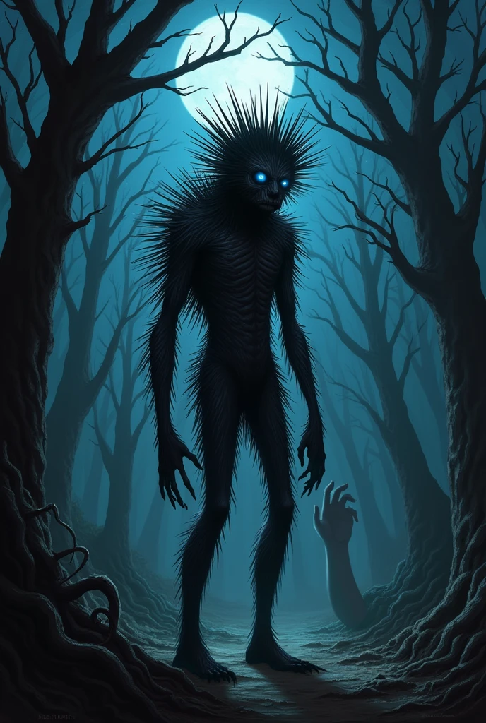 Porcupine Man Thin but not too thin Bright blue eyes In a forest at night Macabre Add a hand trying to hold him in the same image