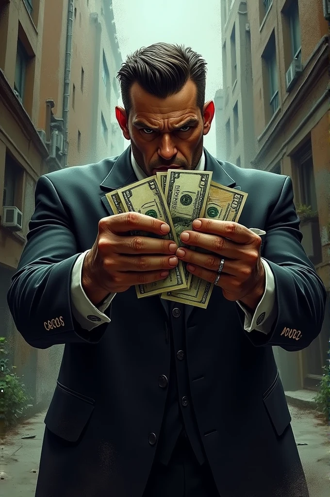 Gangstar man, holding money notes with both hands in front of the face, Artistic style
