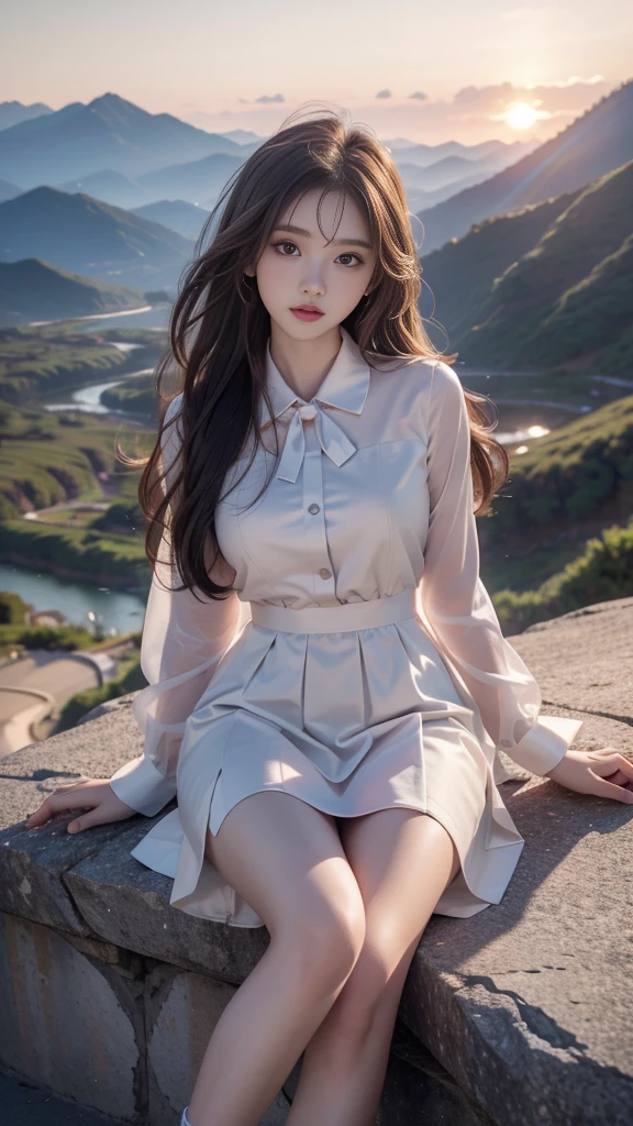 ulzzang-6500-v1.1, (RAW photo: 1.2), (Real photo), (Real photo: 1.4), 1 girl、Perfect anatomy、1、Looking at the camera、Medium length hair、Uniform sexy dress, watching the sunset, ((in the mountains: 1.1))、(Business service)、Asian eyes Ella,